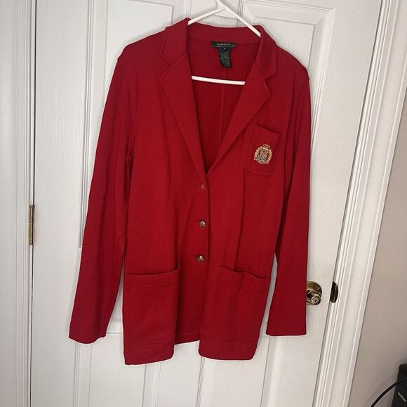 VTG Ralph Lauren LRL Knit Blazer Red Gold Button Crest Women's Small Cotton - Picture 3 of 10